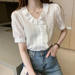 Áo kiểu tay ngắn phối ren hoa thời trang Hàn Quốc màu trắng cho nữ