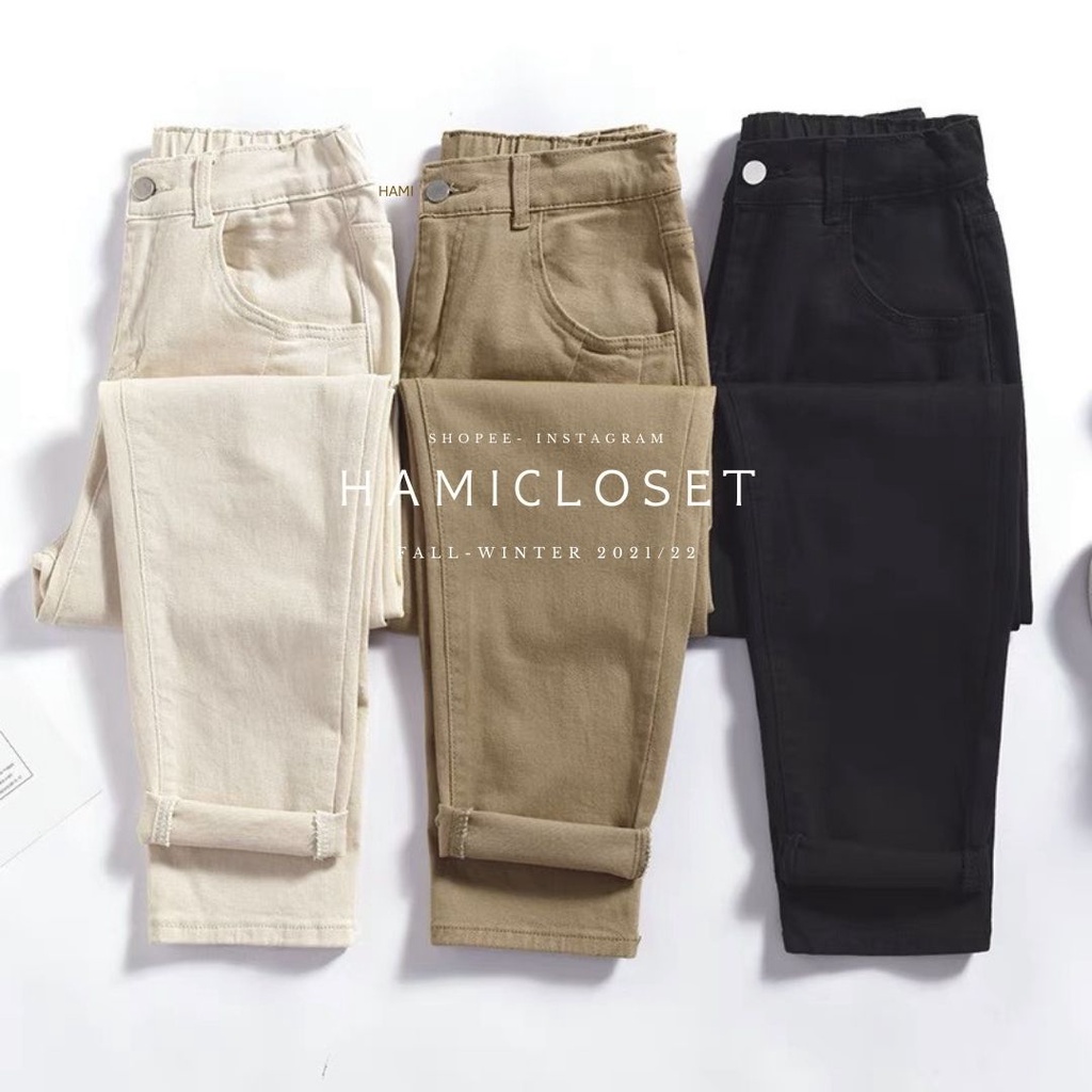 Quần baggy jeans kaki ống đứng kiểu dáng trơn basic chun sau phong cách đơn giản vintage