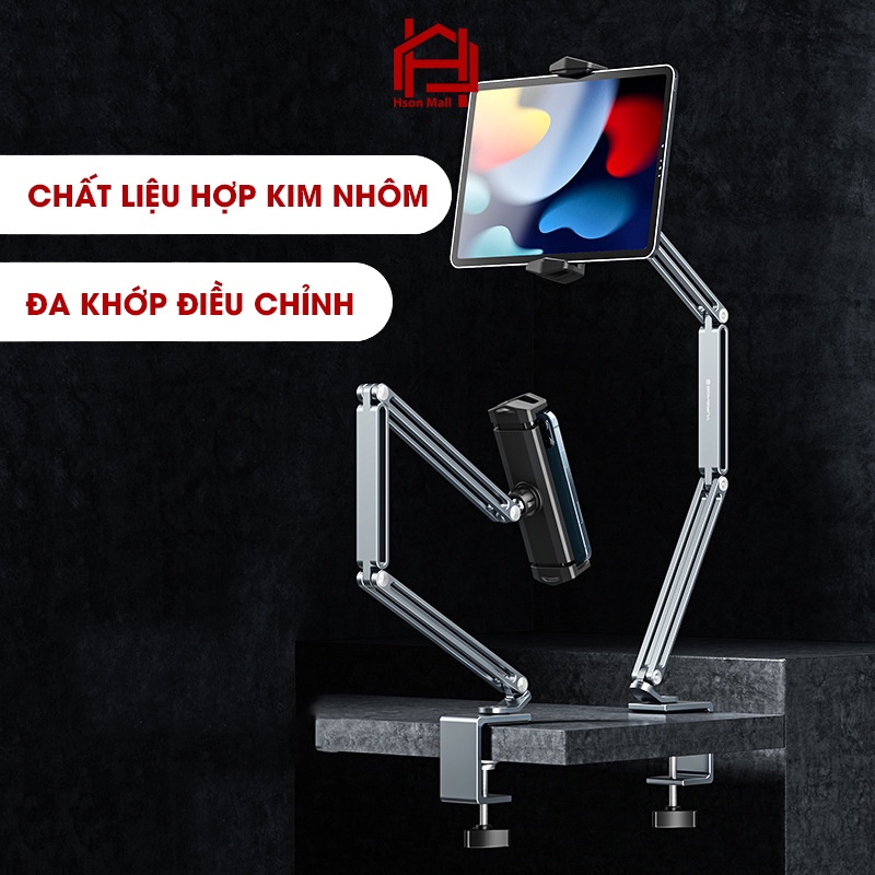 Kẹp ipad điện thoại cạnh bàn, giá đỡ máy tính bảng cao cấp HSON hợp kim nhôm siêu bền