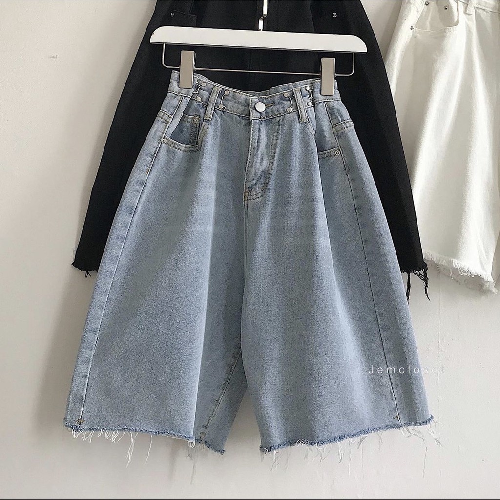 Quần Shorts Jeans Nữ Ống Suông Rách Tua  Quần đùi jeans nữ ống rộng cạp móc 2 màu basic