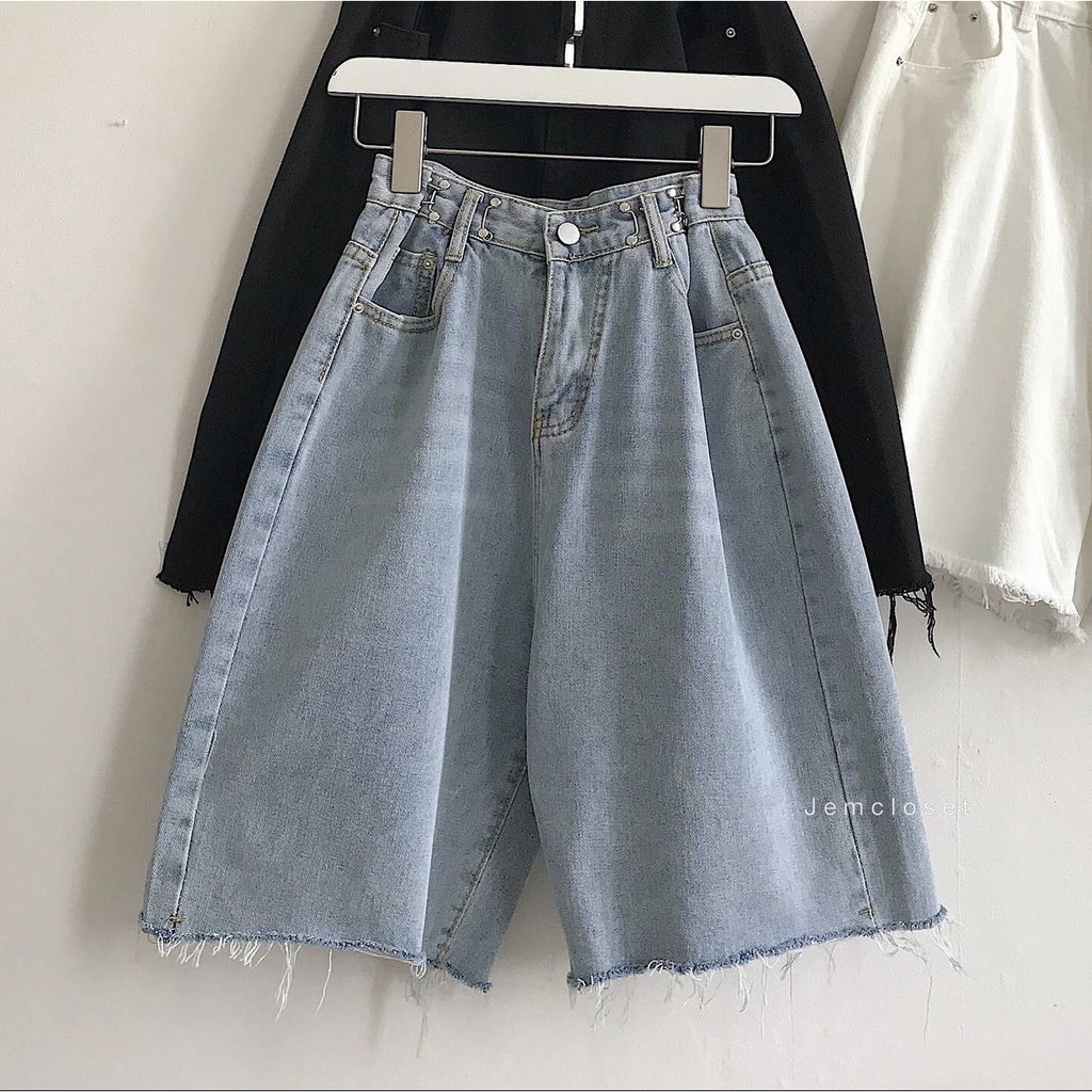 Quần Short Bò Cạp Móc Nữ - Rere.Store [FREESHIP] - Shorts nữ dáng suông ống rộng rách gối, cạp khuy lưng cao Ulzzang