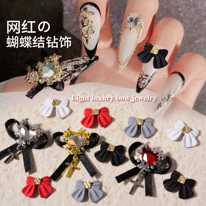 Charm tim nơ đá dây ruy băng nơ cao cấp - charm trang trí móng cao cấp