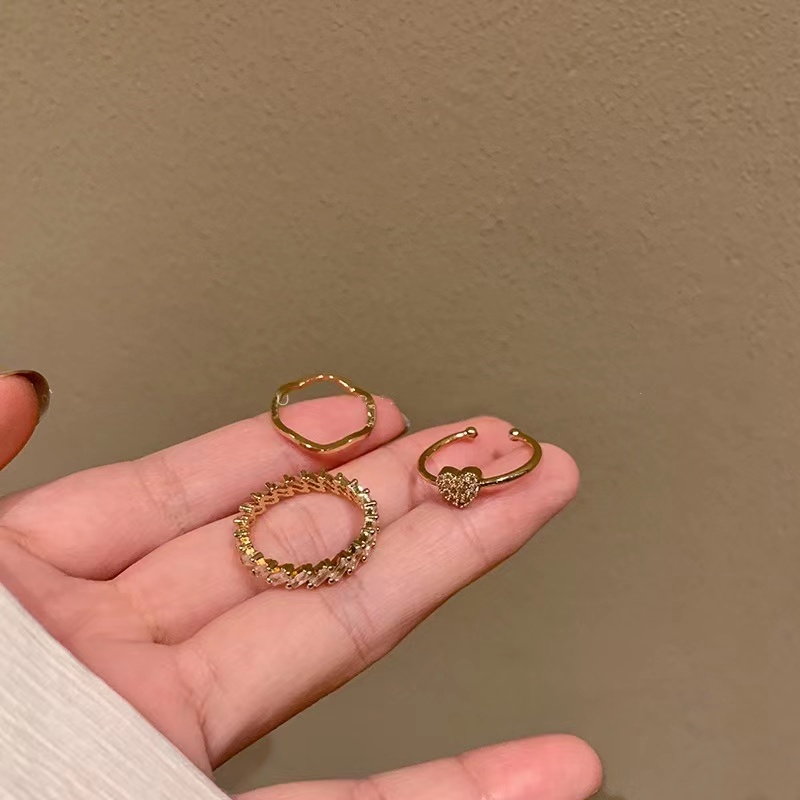 Bộ Ba Nhẫn Đeo Ngón Tay Đính Đá Zircon Tinh Xảo Hợp Thời Trang Cá Tính Có Thể Điều Chỉnh