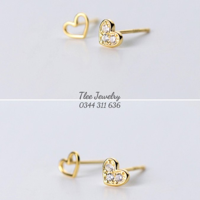 Khuyên tai bạc nữ TLEE cặp tim rỗng, tim nạm đá mini TleeJewelry B0304