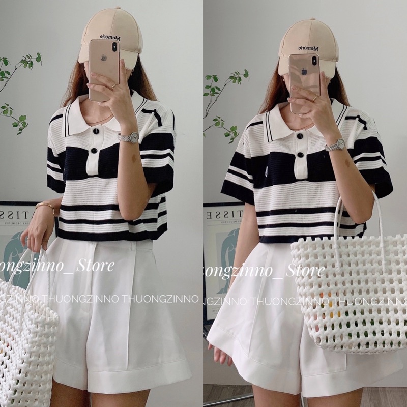 [Ảnh thật/Video] Áo mongtogi Cổ polo kẻ ngang màu Trắng trẻ trung  Áo len sọc ngang hàn quốc