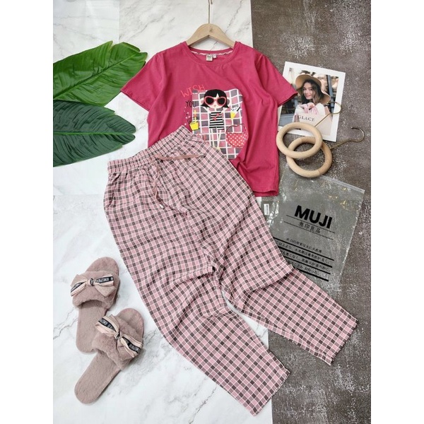 BỘ SET ĐỒ NGỦ giá rẻ nhất QUẦN dài kẻ caro chất mát, áo in hình cute dễ thương