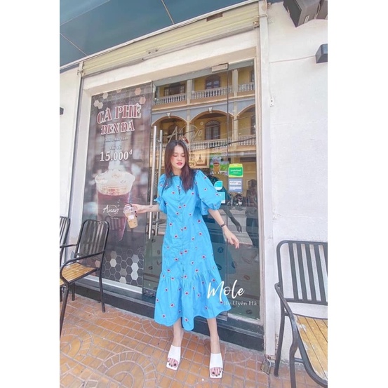 Váy tay bồng dài xanh hoa thêu zara xuất dư xịn