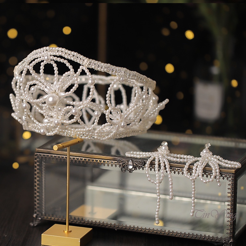 GETNOIVAS Set Vương Miện Và Bông Tai Handmade Sang Trọng Cho Cô Dâu