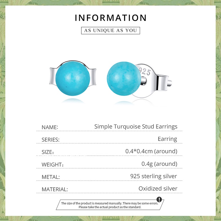 Cặp bông tai bạc 925 BAMOER đính đá ngọc lam đơn giản thời trang cho nữ