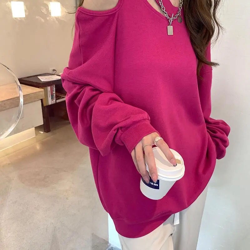 COZOK Áo len tay dài trễ vai dáng rộng phong cách Hàn Quốc