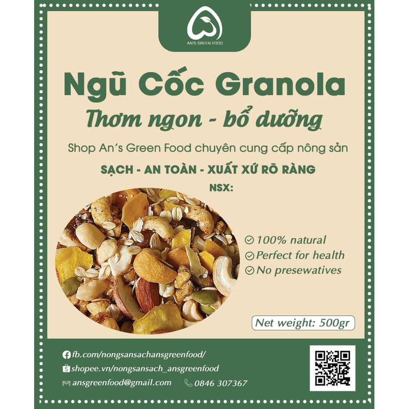 Granola Cao Cấp 500gr - Ngũ Cốc Hạt & Trái Cây Khô Siêu Hạt (80% Hạt) - An's Green Farm