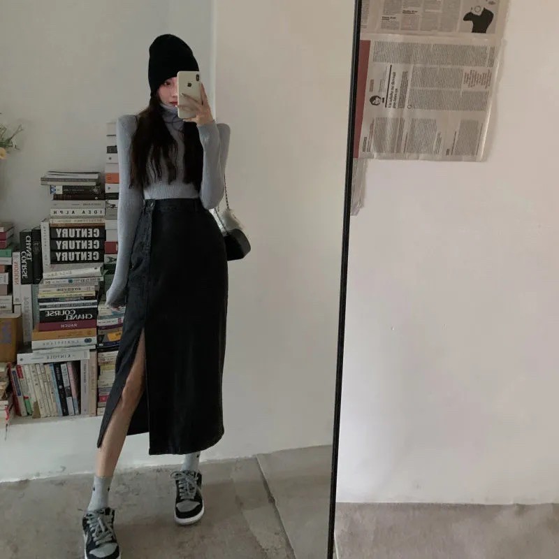 Chân Váy jeans Nữ, Dáng Dài Cạp Cao Có Gân Xẻ Tà | BigBuy360 - bigbuy360.vn