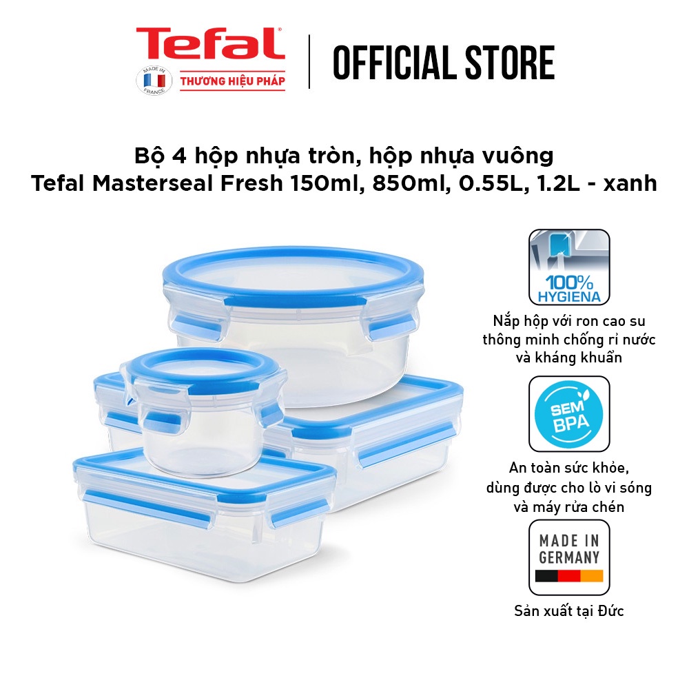 Bộ 4 hộp đựng thực phẩm nhựa, Tefal Masterseal Fresh (150ml, 850ml, 550ml, 1200ml)