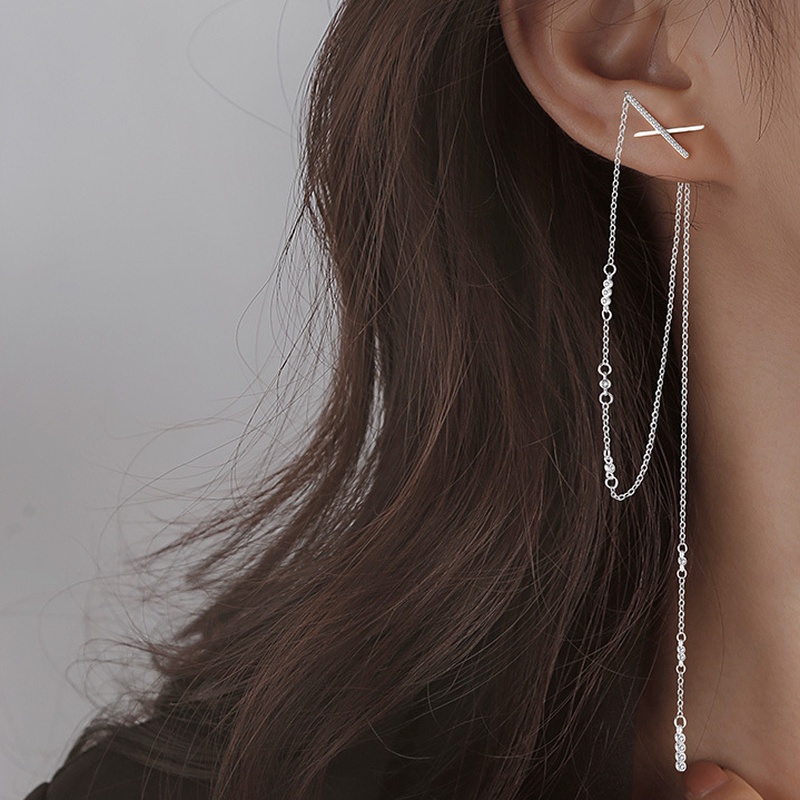 Bông tai mạ bạc 925 dạng dây tua dài đính đá zircon thời trang cho nữ