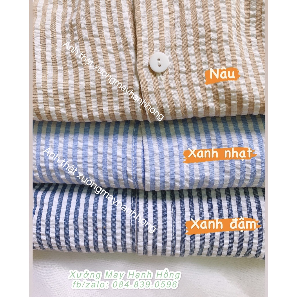 Áo sơ mi kẻ chất đũi xốp nổi from oversize rộng tiểu thư Hàn Quốc