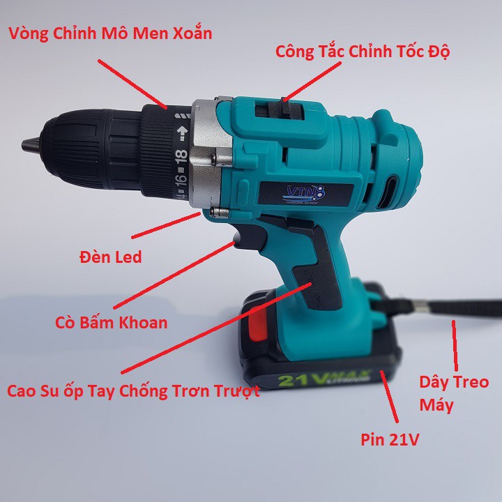 Máy Khoan Pin Bắt Vít VTN 21V Lõi Đồng 2 Pin  - Khoan , Sắt, Gỗ, Bắn Vít Tặng Kèm Đầu Tháo Vít Bảo Hành 6 Tháng