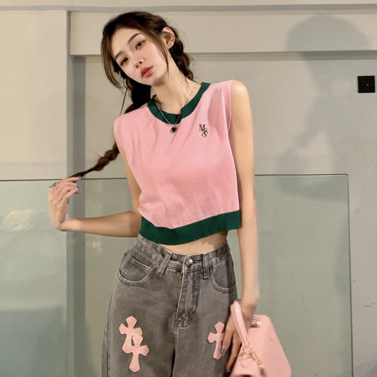 51509 Áo Vest Dệt Kim Ngắn Cổ Tròn Màu Sắc Tương Phản