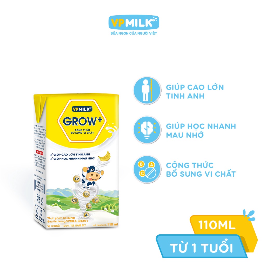 Sữa tiệt trùng VPMilk Grow+ vị dâu/vị chuối 110ml (lốc 4 hộp)