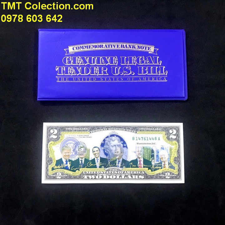 Tiền kỷ niệm 2USD in màu 6 tổng thống Mỹ, chất liệu Giấy cotton, mực phản quang, dùng để trưng bày, sưu tầm - SP005196