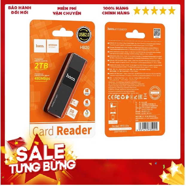 Đầu đọc thẻ nhớ SD, TF chân USB 2.0 / USB3.0  cao cấp hoco HB20 - Bảo hành chính hãng