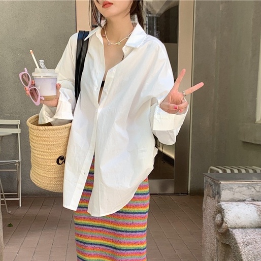 Áo sơ mi ZHELIHANGFEI tay dài cổ bẻ dáng rộng thời trang quyến rũ cho nữ