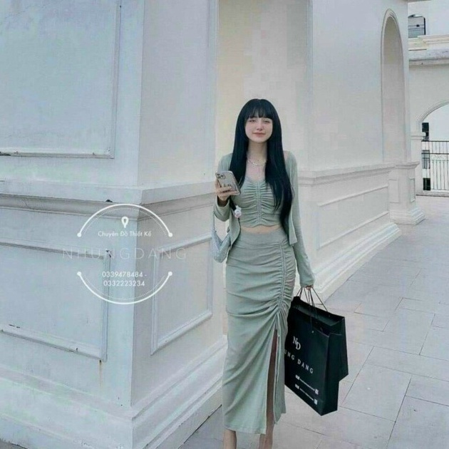 Sét đầm rút dây chân váy xẻ tả phối áo khoác mẫu thiết kế trẻ trung năng động phù hợp mọi phong cách