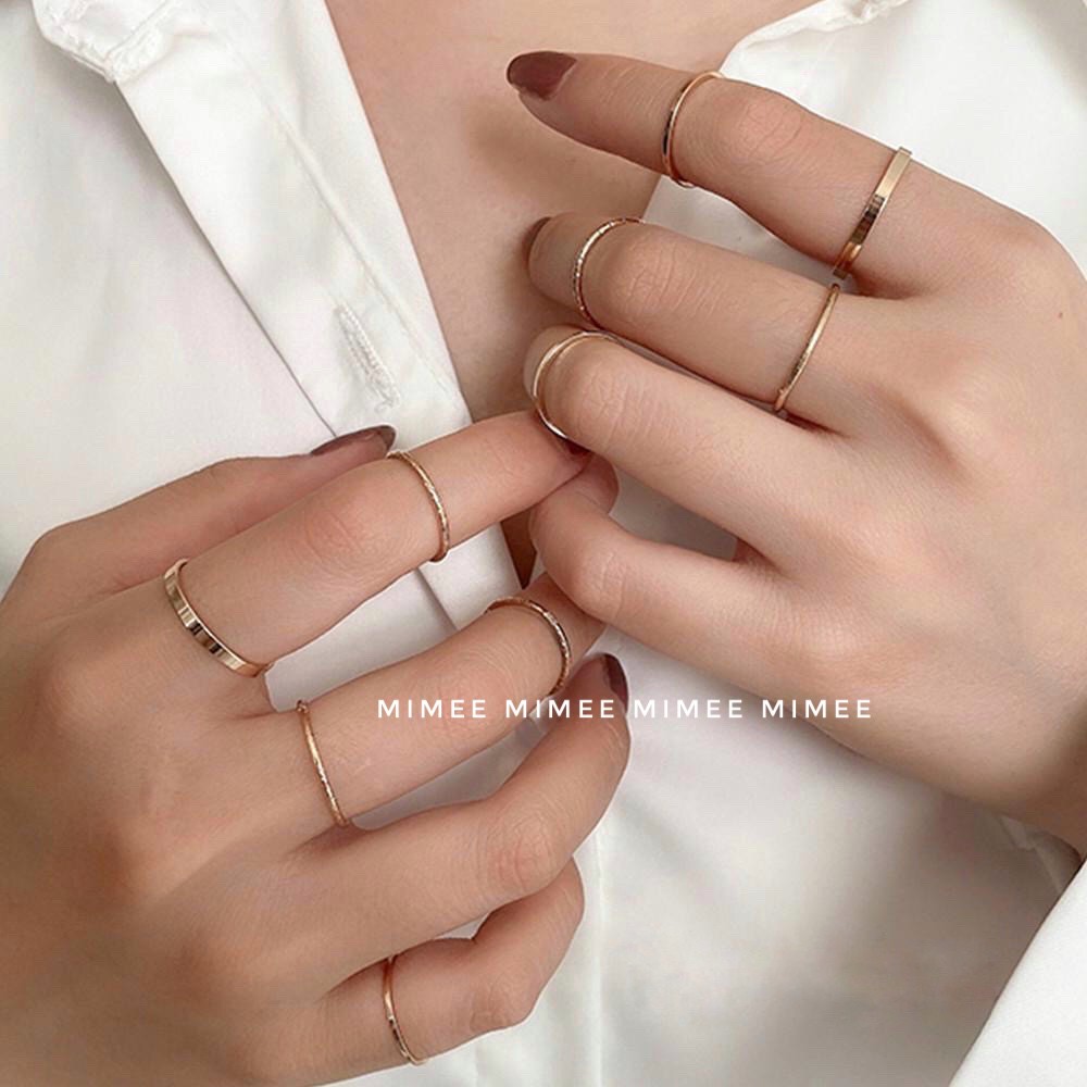 Nhẫn mạ bạc S925, set hai chiếc trơn unisex mix phối hợp phụ kiện trang sức phong cách Hàn Quốc Mimee