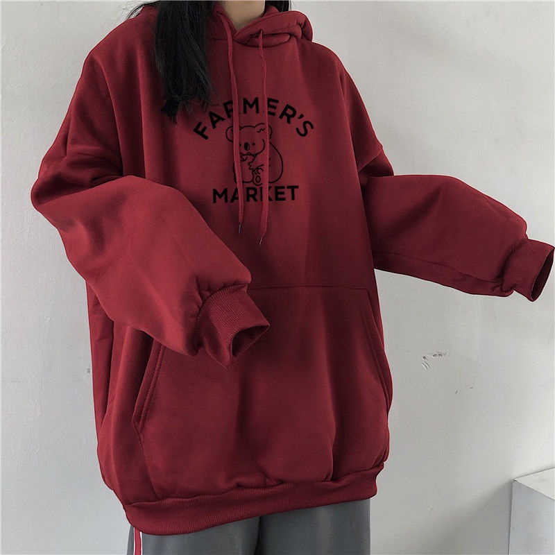 Áo hoodie dáng rộng chất nhung dày dặn phong cách Harajuku Hàn Quốc thu đông 2021 sành điệu cho nữ