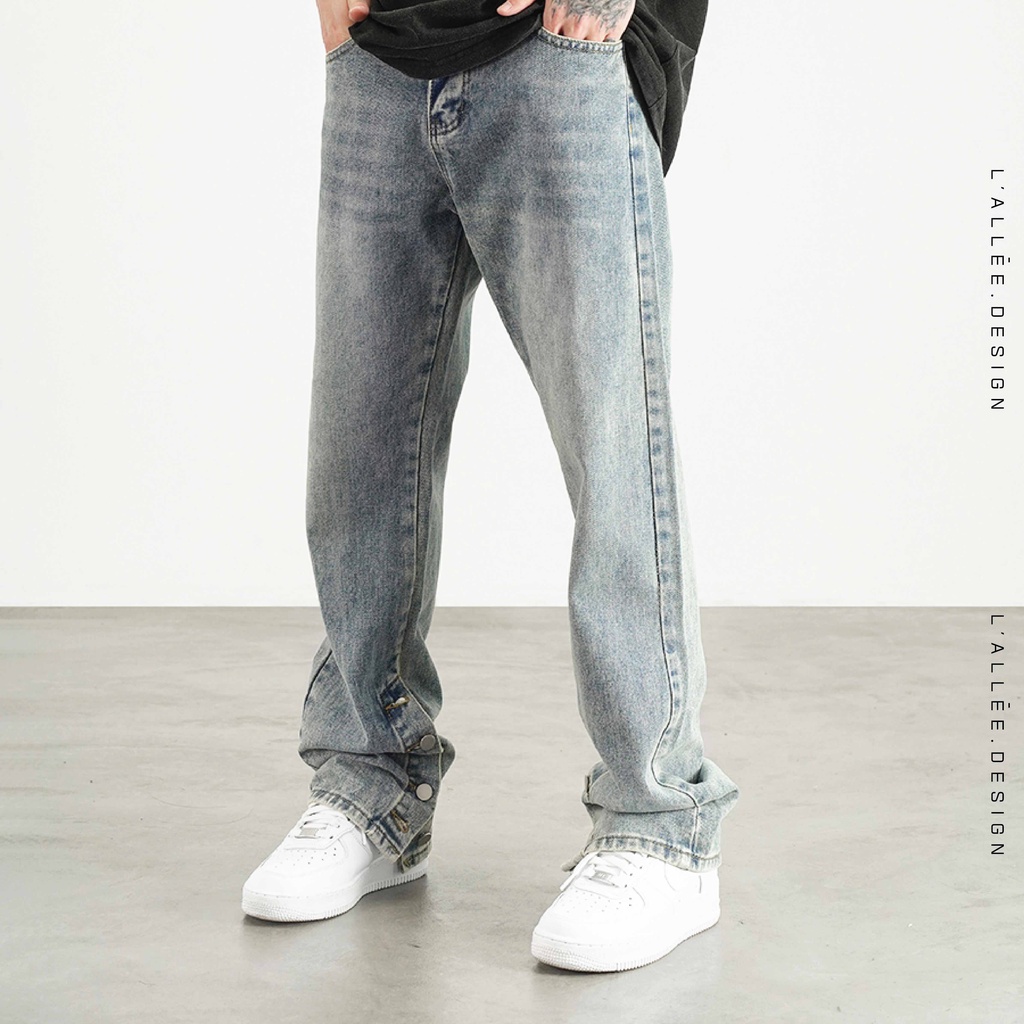 Quần jeans Nam Ống rộng Lallee.Design quần bò dáng đứng dài chạm gót kết hợp Cúc Cài chất vải Demin dày dặn QN102