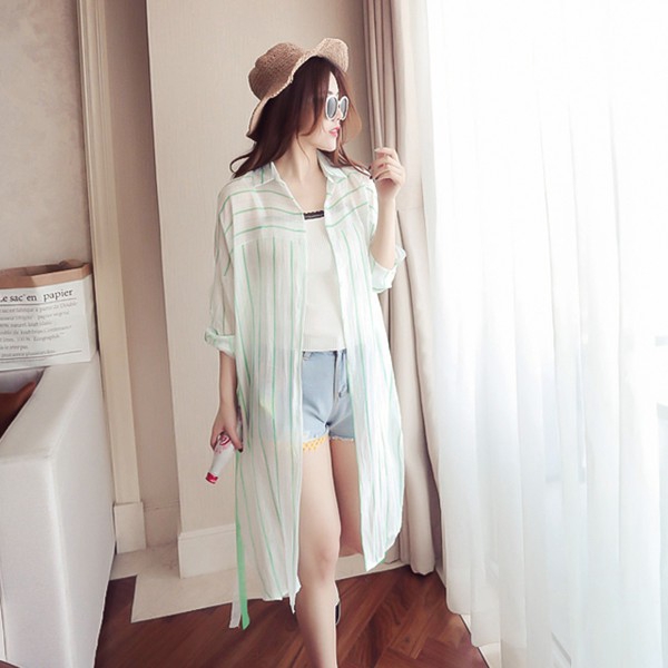 Áo Sơ Mi Dáng Rộng Dài Qua Gối Kẻ Sọc Dọc Chống Nắng Phong Cách Hàn Quốc Mới Mùa Hè Cho Nữ | BigBuy360 - bigbuy360.vn