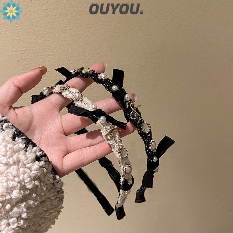 Băng Đô Nhung Đen Đính Ngọc Trai Giả Phong Cách Hàn Quốc Cho Nữ