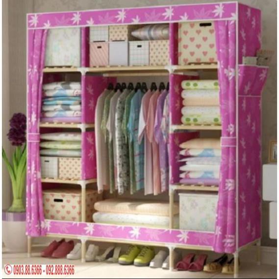 Tủ vải đựng quần áo 3 buồng khung gỗ