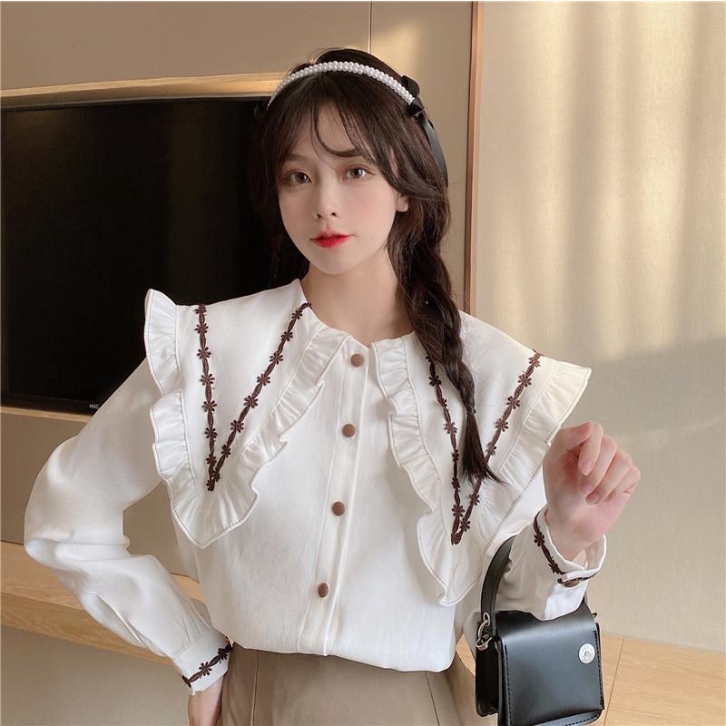Áo Sơ Mi Trắng Tay Dài Cổ Búp Bê Phong Cách Thời Trang Pháp 2022