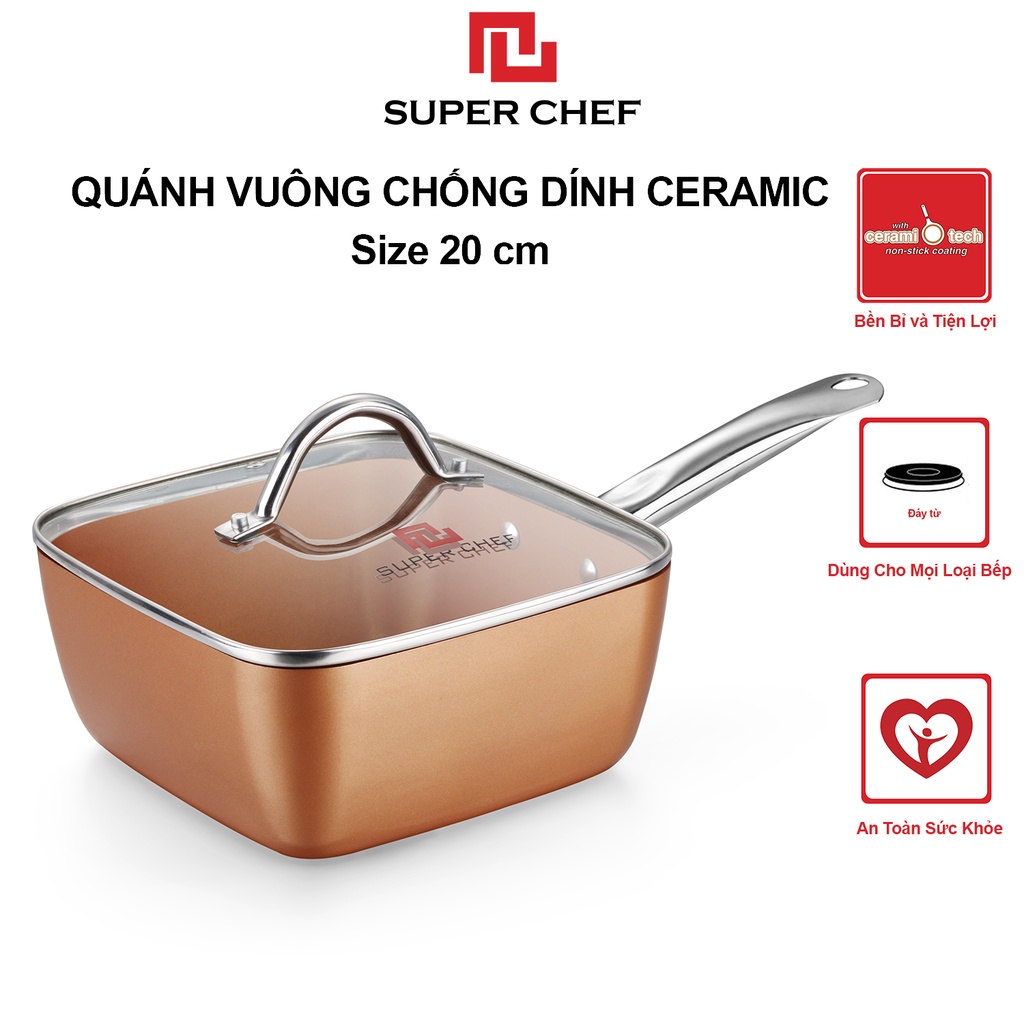 [Mã BMBAU50 giảm 7% đơn 99K] Nồi Vuông Cán Dài Tráng Men Ceramic Super Chef An Toàn Siêu Bền