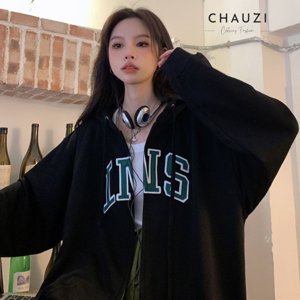 Áo Hoodie Nữ Dài Tay CHAUZI Áo Khoác Nữ Form Rộng Unisex Thêu INS Có Khóa Kéo Trước Ngực Tiện Lợi Kiểu Hàn Quốc AN341