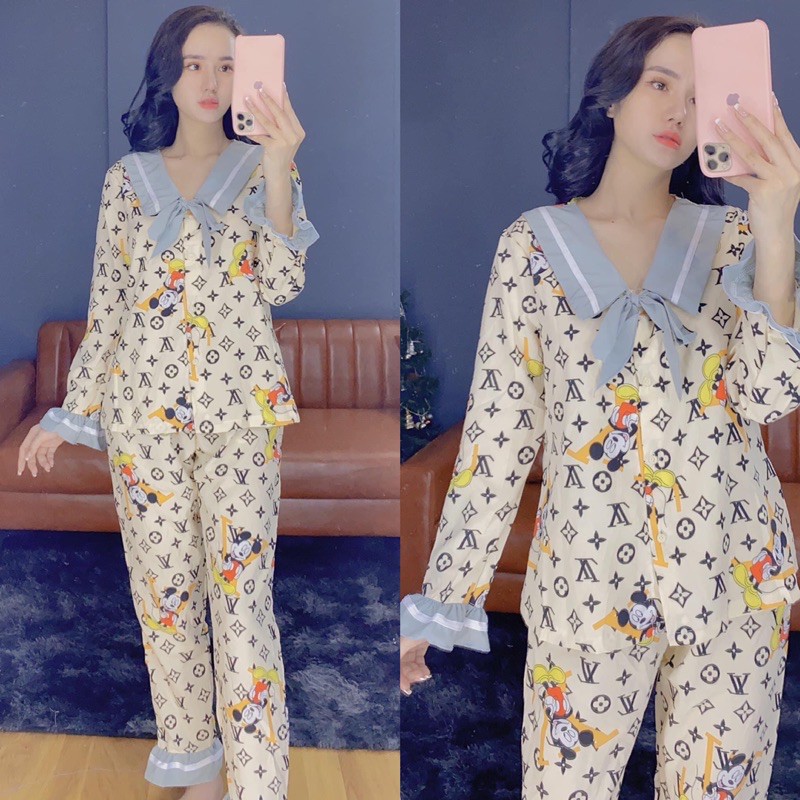 [VIDEO + ẢNH THẬT] Bộ ngủ lụa - Đồ ngủ pijama chữ ký LV tay dài quần dài chất siêu xịn