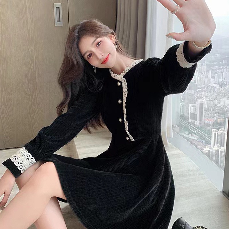 Váy đầm nhung đenchất dày dặn viền ren thu đông phong cách Hàn Quốc MS916