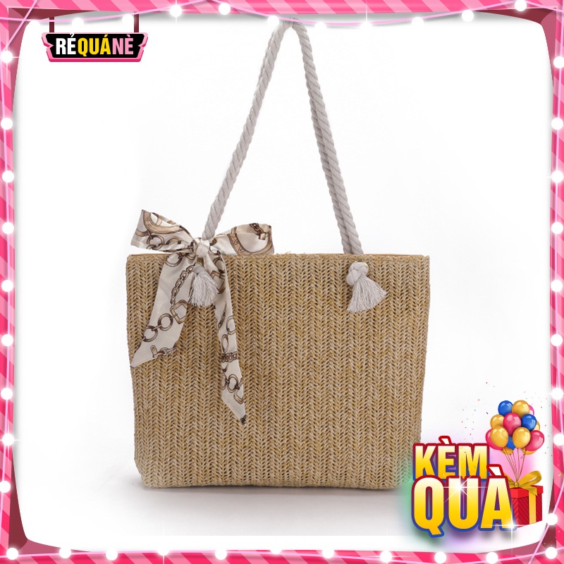 Túi Cói Đi Biển Dáng Vuông Lớn Quai Thừng Phối Dây Vải RQN2060