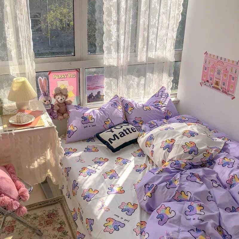 Bộ chăn ga poly nhập khẩu có ruột dày- mẫu gấu tím