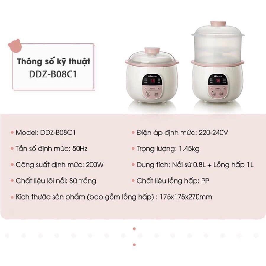 [Mã 229ELSALE hoàn 7% đơn 300K] (BẢN QUỐC TẾ) Nồi nấu cháo Bear 0.8l có lồng hấp BH 12 tháng