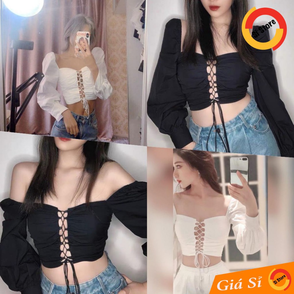 Áo Croptop Đan Dây Tay Dài Daisy (TRẮNG+ĐEN)