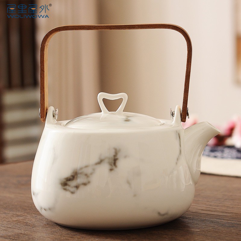 Bộ Ấm Chén Gốm Sứ Trắng sang trọng họa tiết Vân cẩm thạch trang nhã phong cách Nhật