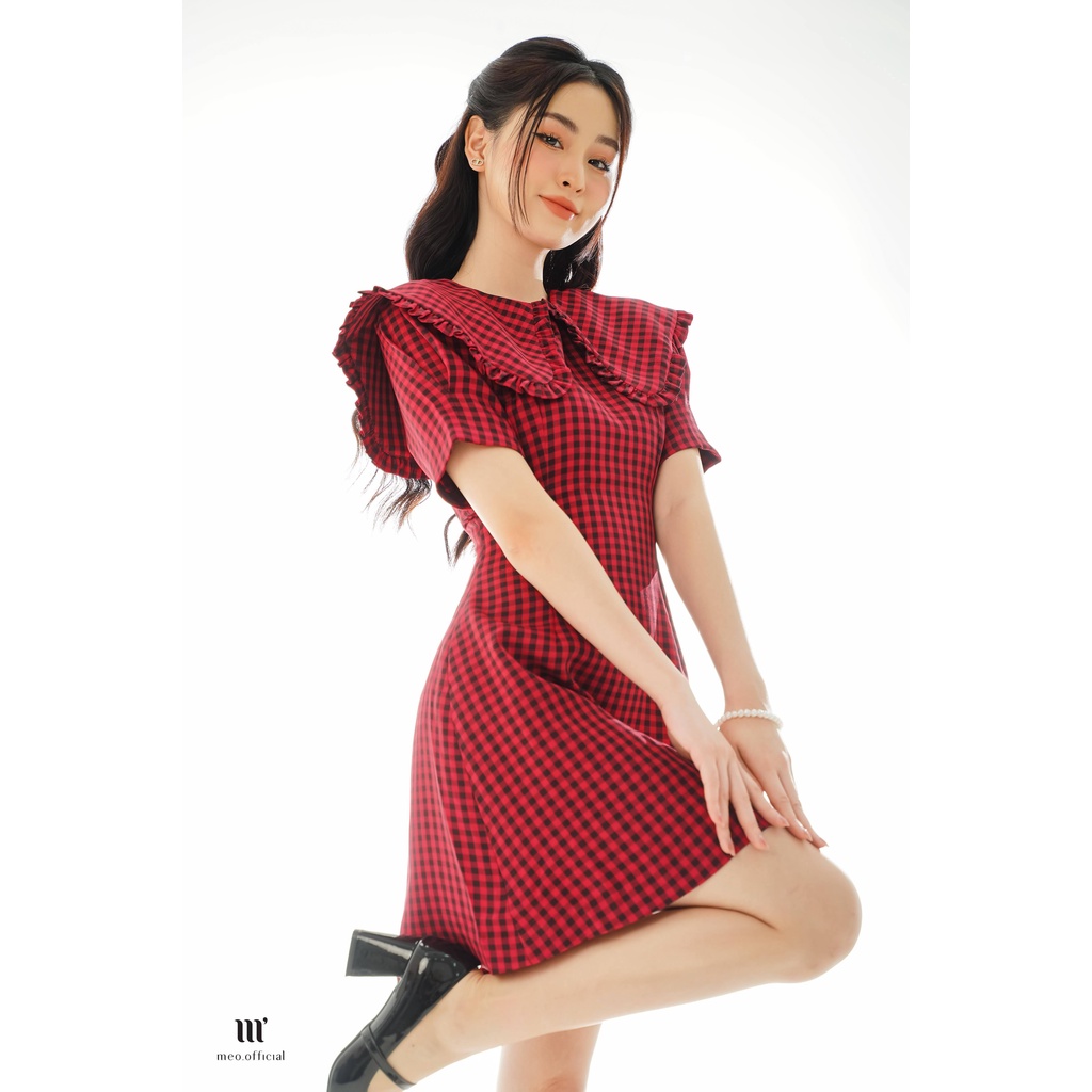 Đầm nữ Méo shop ngắn tay cổ bèo hoạ tiết kẻ dáng xòe TUSLY
