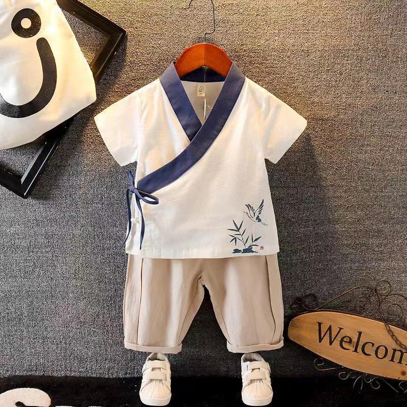 Bộ Hán Phục Bằng cotton Lanh Mỏng Tay Ngắn Phong Cách Cổ Điển Dành Cho Bé Trai 1-6 Tuổi