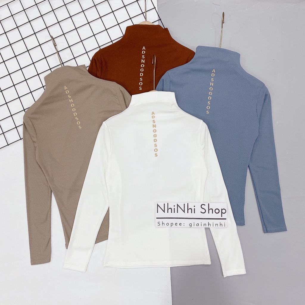 Áo thun tăm cổ cao dài tay, Áo phông thêu chữ dáng ôm co giãn 8211 - NhiNhi Shop