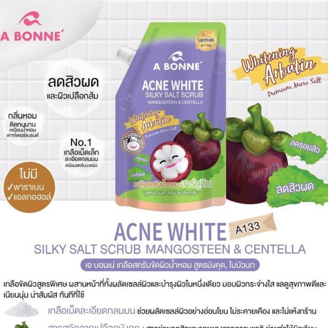 Muối Tắm Cao Cấp Trắng Da Giảm Mụn A Bonne' Acne White Silky Salt Scrub - Măng Cụt và Centella Túi 350g Có Vòi