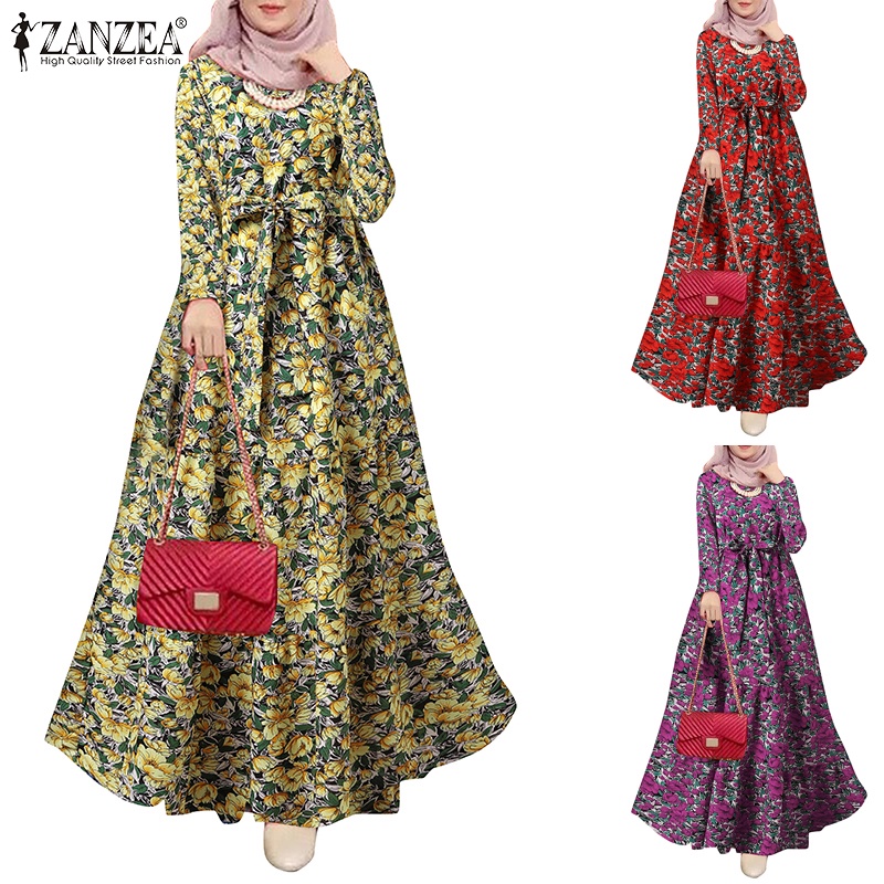 Zanzea Đầm Maxi Dài Tay In Hoa Thanh Lịch Cho Phụ Nữ Hồi Giáo
