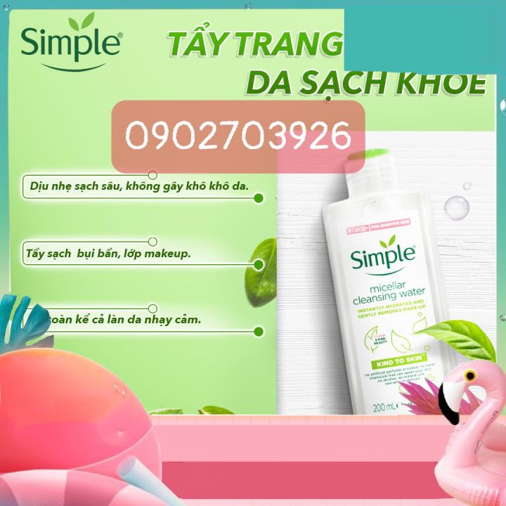 NƯỚC TẨY TRANG SIMPLE 200ML-tẩy sạch lớp trang điểm bụi bẩn -sạch sâu lỗ chân lông-giúp da thông thoáng không nhờn rít