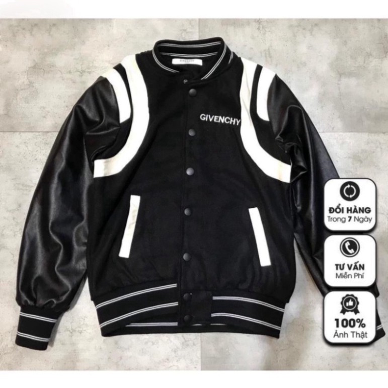 Áo Bomber Givenchy nam nữ, áo khoác Bomber GVC tay da viền trắng thêu chữ dọc lưng