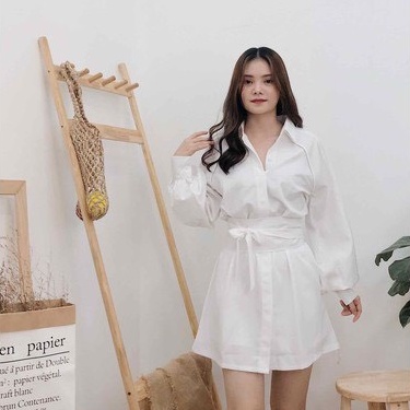 Set váy nữ áo sơ mi kèm đai buộc, bộ đồ nữ hack dáng, tạo eo thon gọn vải đũi mát
